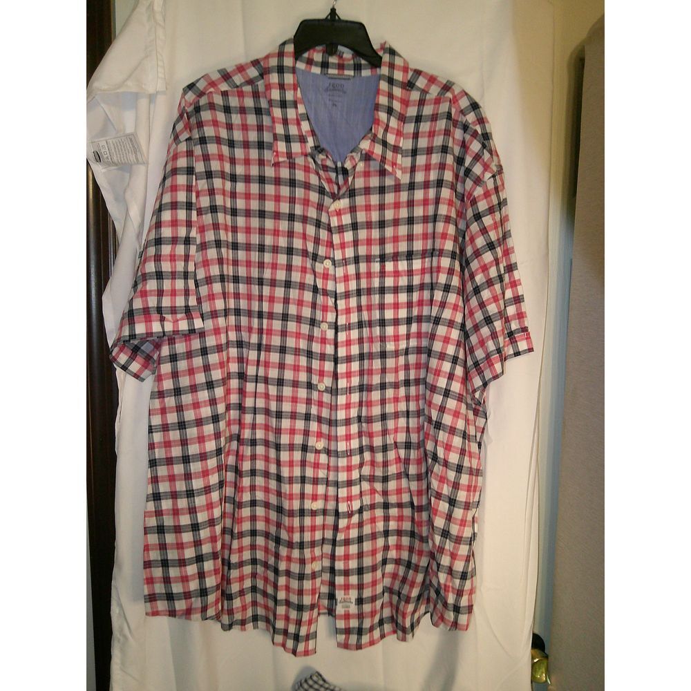 IZOD Men's Short Sleeve Button-Down Shirt Red White Navy Plaid Check Pattern